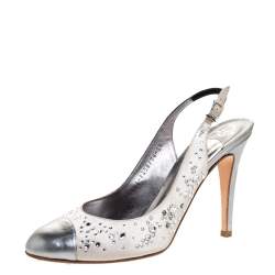 Pre Owned Gina Metallic Silver Satin and Leather Crystal Embellished Slingback Sandals Size 38.5