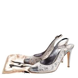 Pre Owned Gina Metallic Silver Satin and Leather Crystal Embellished Slingback Sandals Size 38.5