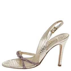 Pre Owned صندل جينا فتحة كعب ناعومي جلد نقش ثعبان مزخرف كريستال ذهبي مقاس 36