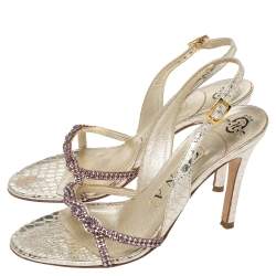 Pre Owned صندل جينا فتحة كعب ناعومي جلد نقش ثعبان مزخرف كريستال ذهبي مقاس 36