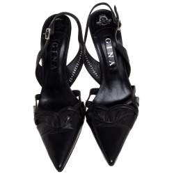 Pre Owned Gina Black Leather Pointed Toe Slingback Sandals Size 40.5