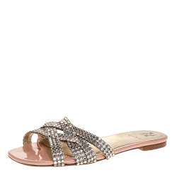 Pre Owned Gina Metallic Silver Leather Crystal Embellished Flat Slides Size 39.5