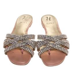 Pre Owned Gina Metallic Silver Leather Crystal Embellished Flat Slides Size 39.5