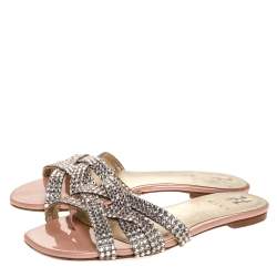 Pre Owned Gina Metallic Silver Leather Crystal Embellished Flat Slides Size 39.5