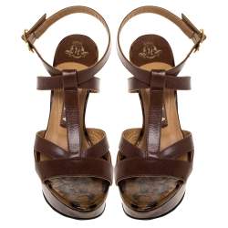 Gina Brown Leather And Leopard Print Patent Platform Ankle Strap Sandals Size 36