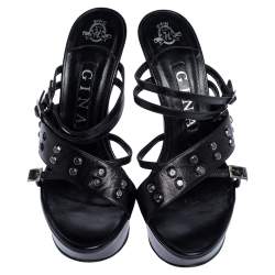 Pre Owned Gina Black Studded Leather Strappy Platform Sandals Size 38