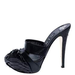 Gina Black Leather and Python Platform Close Toe Slide Sandals Size 35