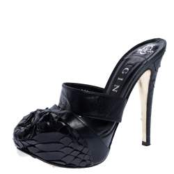 Gina Black Leather and Python Platform Close Toe Slide Sandals Size 35