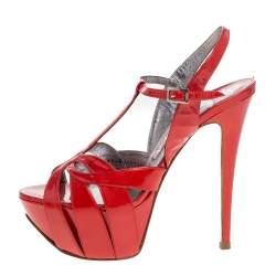 Pre Owned صندل جينا سير حرف تي و نعل سميك جلد لامع أحمر مقاس 38 