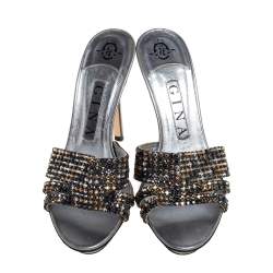 مملوكة مسبقًا صندل جينا نعل سميك جلد مزخرف كريستال رصاصي مقاس 37