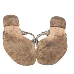 Pre Owned Gina Silver Crystal Embellished Leather Thong Flats Size 38.5