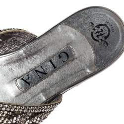 Pre Owned Gina Silver Crystal Embellished Leather Thong Flats Size 38.5