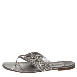 Pre Owned Gina Silver Crystal Embellished Leather Thong Flats Size 38.5