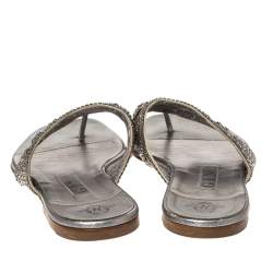 Pre Owned Gina Silver Crystal Embellished Leather Thong Flats Size 38.5