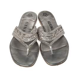 Pre Owned Gina Silver Crystal Embellished Leather Thong Flats Size 38.5