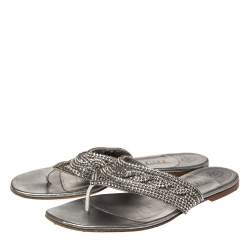 Pre Owned Gina Silver Crystal Embellished Leather Thong Flats Size 38.5