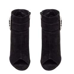 Pre Owned Gina Black Suede Crystal Embellished Buckle Peep Toe Ankle Boots Size 40