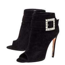 Pre Owned Gina Black Suede Crystal Embellished Buckle Peep Toe Ankle Boots Size 40