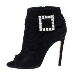 Pre Owned Gina Black Suede Crystal Embellished Buckle Peep Toe Ankle Boots Size 40
