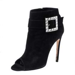 Pre Owned Gina Black Suede Crystal Embellished Buckle Peep Toe Ankle Boots Size 40