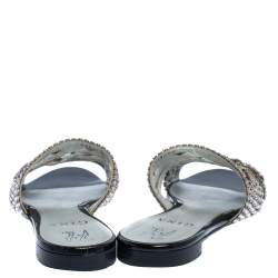 Gina Silver Crystal Embellished Leather Flat Slides Size 37.5