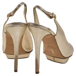 Gina Metallic Gold Lizard Embossed Leather Platform Peep Toe Slingback Sandals Size 39.5