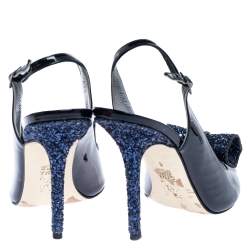 Gine Blue Patent Leather And Glitter Bow Embellished Slingback Open Toe Sandals Size 41