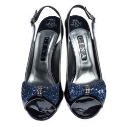 Gine Blue Patent Leather And Glitter Bow Embellished Slingback Open Toe Sandals Size 41