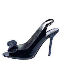 Gine Blue Patent Leather And Glitter Bow Embellished Slingback Open Toe Sandals Size 41