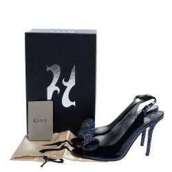 Gine Blue Patent Leather And Glitter Bow Embellished Slingback Open Toe Sandals Size 41
