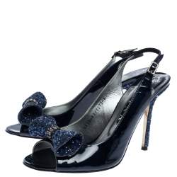 Gine Blue Patent Leather And Glitter Bow Embellished Slingback Open Toe Sandals Size 41