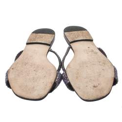 Pre Owned Gina Purple Crystal Embellished And Black Leather Flat Slides Size 40