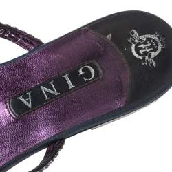 Pre Owned Gina Purple Crystal Embellished And Black Leather Flat Slides Size 40