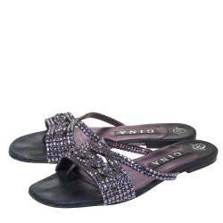 Pre Owned Gina Purple Crystal Embellished And Black Leather Flat Slides Size 40