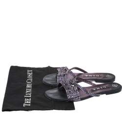 Pre Owned Gina Purple Crystal Embellished And Black Leather Flat Slides Size 40