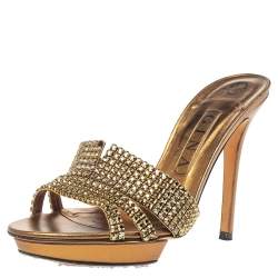 Pre Owned صندل جينا نعل سميك و مزخرف كريستال جلد برونزي مقاس 39
