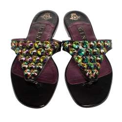 Pre Owned Gina Black Patent Leather Crystal Embellished Thong Flats Size 41