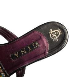 Pre Owned Gina Black Patent Leather Crystal Embellished Thong Flats Size 41