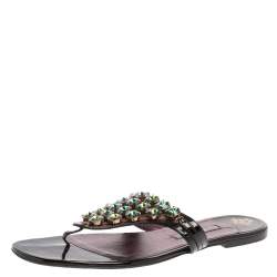 Pre Owned Gina Black Patent Leather Crystal Embellished Thong Flats Size 41