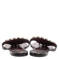 Pre Owned Gina Black Patent Leather Crystal Embellished Thong Flats Size 41