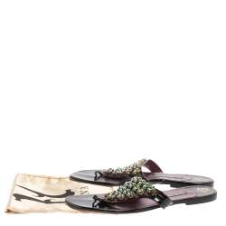 Pre Owned Gina Black Patent Leather Crystal Embellished Thong Flats Size 41