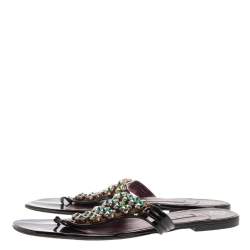 Pre Owned Gina Black Patent Leather Crystal Embellished Thong Flats Size 41