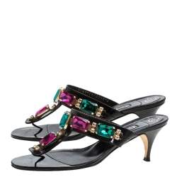 Pre Owned صندل سلايد جينا مزخرف كريستال جلد أسود مقاس 39