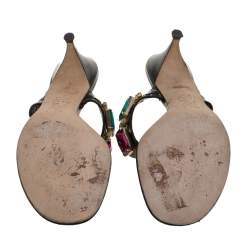 Pre Owned صندل سلايد جينا مزخرف كريستال جلد أسود مقاس 39