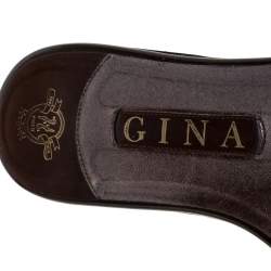 Pre Owned صندل فلات إصبع سلايد جينا مزخرف بكريستال جلد لامع بني مقاس 39