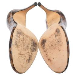 مملوكة مسبقًا حذاء كعب عالي جينا مقدمة مستديرة جلد لامع مطبوع نقشة الفهد بني مقاس 39.5