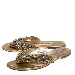 Pre Owned Gina Gold Crystal Drop Embellished Leather Thong Flats Size 36