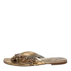 Pre Owned Gina Gold Crystal Drop Embellished Leather Thong Flats Size 36