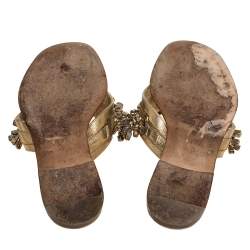 Pre Owned Gina Gold Crystal Drop Embellished Leather Thong Flats Size 36