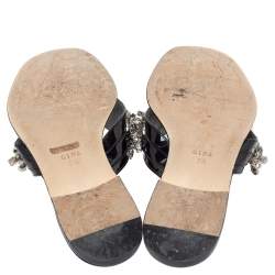 مملوكة مسبقًا Gina Black Leather Crystal Embellished Thong Flats Size 40.5